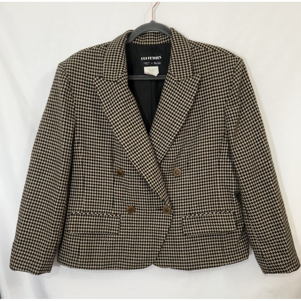 VTG 1980s Oui Petites by Tan Jay Houndstooth‎ Blazer Pockets Womens Size 14